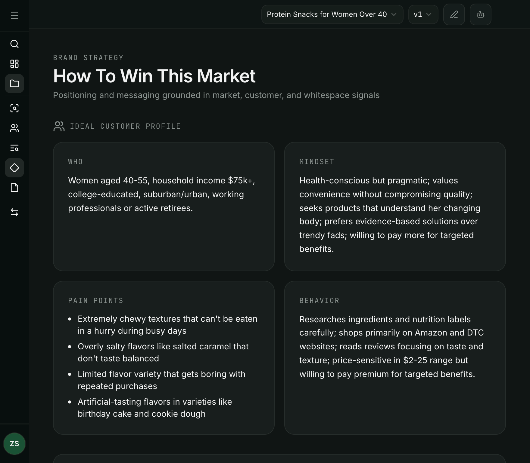FourClover Brand Strategy module showing positioning framework