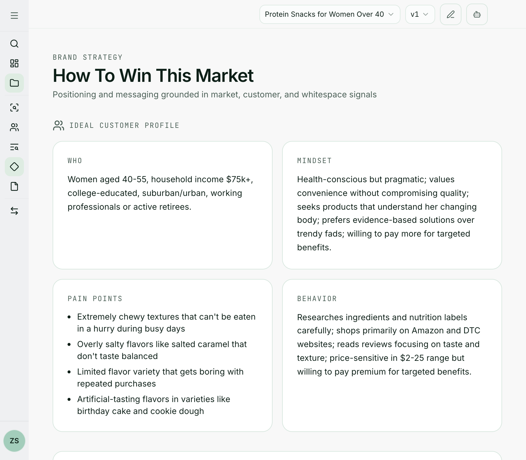 FourClover Brand Strategy module showing positioning framework