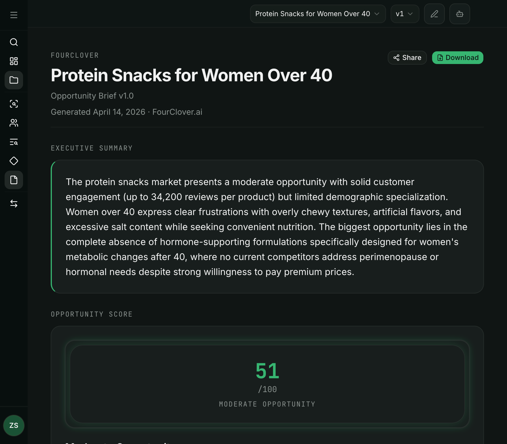 FourClover Opportunity Brief showing synthesized analysis and recommendations