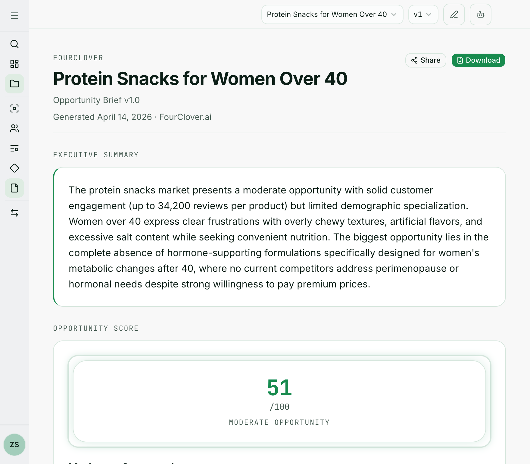 FourClover Opportunity Brief showing synthesized analysis and recommendations